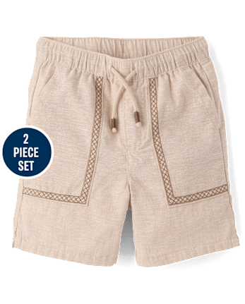 Boys Embroidered Tropical Leaf Linen-Blend 2-Piece Outfit Set - Amalfi Coast