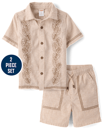 Boys Embroidered Tropical Leaf Linen-Blend 2-Piece Outfit Set - Amalfi Coast