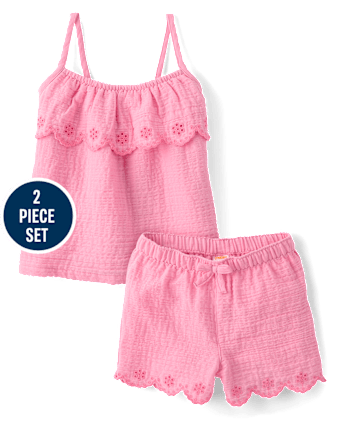 Girls Embroidered Eyelet Gauze 2-Piece Outfit Set - Amalfi Coast