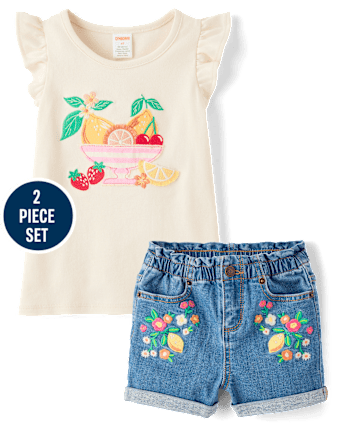 Girls Embroidered Fruit Bowl 2-Piece Outfit Set - Amalfi Coast