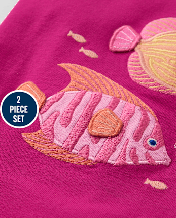 Girls Embroidered Turtle Flutter 2-Piece Outfit Set - Amalfi Coast