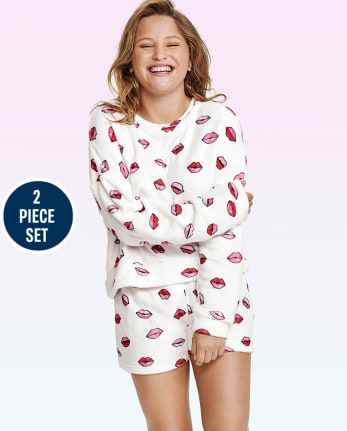 Teen Girls Long Sleeve Lips Print Cozy Fleece Shorts Pajamas