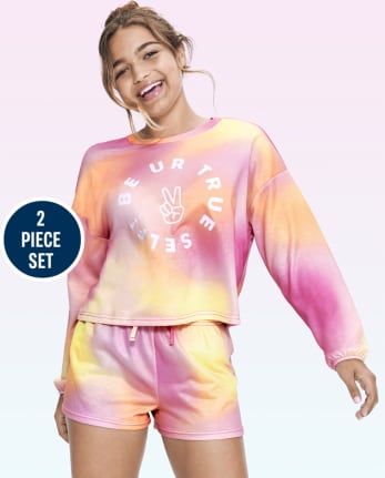 Teen Girls Long Sleeve Tie Dye 'Be Ur True Self' French Terry Pajamas