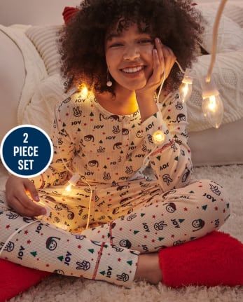 Teen Girls Christmas Long Sleeve Joy Print Thermal Pajamas
