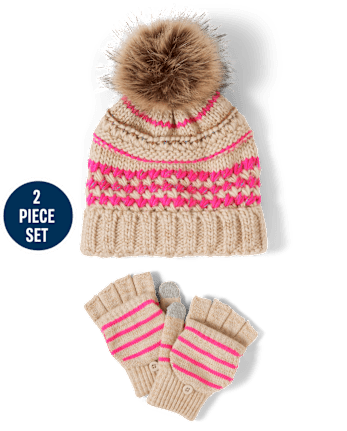 Conjunto de gorro y manoplas con pompón Fairisle para niñas Tween