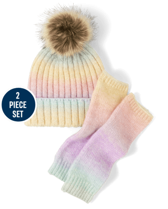 Tween Girls Ombre Pom Pom Beanie & Mittens Set