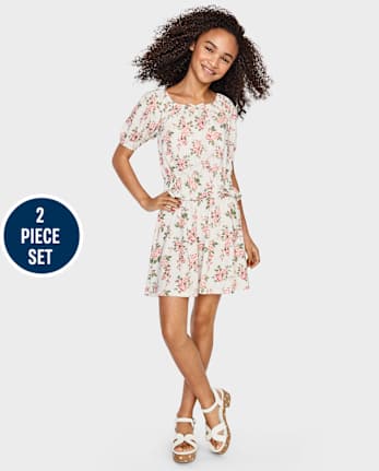 Conjunto de traje floral de 2 piezas para niñas preadolescentes
