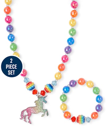 Girls Rainbow Unicorn Beaded Necklace And Bracelet Set