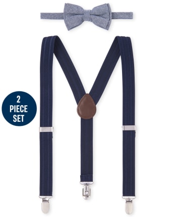Boys Chambray Matching Bow Tie And Suspenders Set