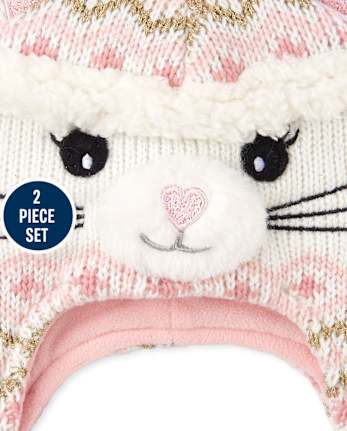 Toddler Girls Glitter Cat Hat And Mittens Set