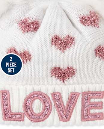 Toddler Girls Glitter Love Pom Pom Beanie And Mittens Set
