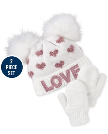 Toddler Girls Glitter Love Pom Pom Beanie And Mittens Set