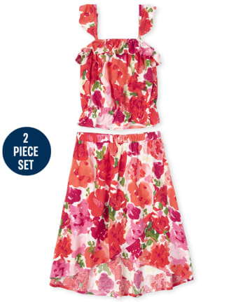Girls Floral Ruffle Top And High Low Maxi Skirt Set