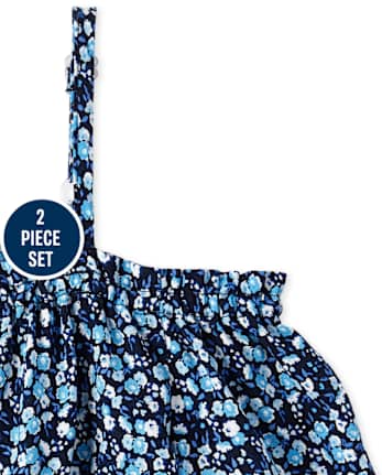 Girls Print Off Shoulder Top And Ruffle Shorts Set