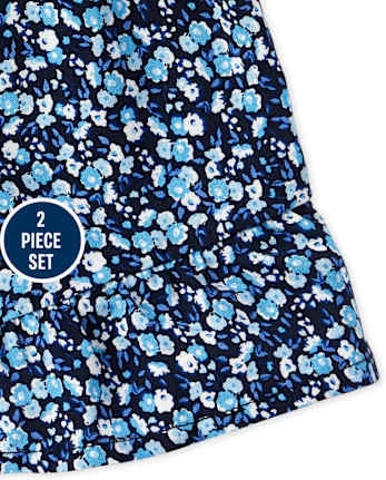 Girls Print Off Shoulder Top And Ruffle Shorts Set