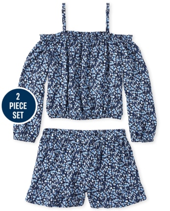 Girls Print Off Shoulder Top And Ruffle Shorts Set