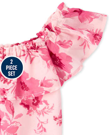 Girls Floral Ruffle Top And Faux Wrap Skirt Set