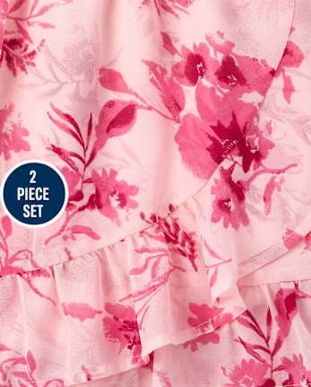 Girls Floral Ruffle Top And Faux Wrap Skirt Set