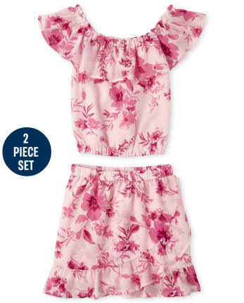 Conjunto de niñas top con volante floral y falda cruzada sintética