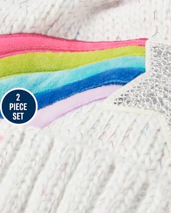 Toddler Girls Rainbow Star Pom Pom Beanie And Mittens Set