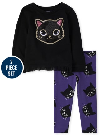 Conjunto de traje de gato brillante de Halloween para niñas pequeñas