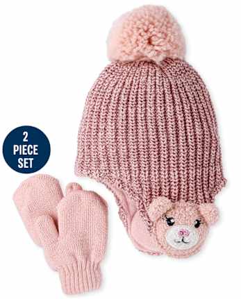 Toddler Girls Critter Hat And Mittens Set