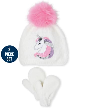 Conjunto de gorro y manoplas con pompón y unicornio de lentejuelas para niñas pequeñas