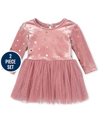 Baby Girls Velour Glitter Tutu Dress And Faux Fur Vest