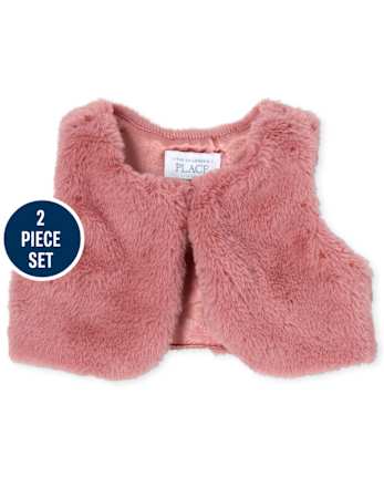 Baby Girls Velour Glitter Tutu Dress And Faux Fur Vest