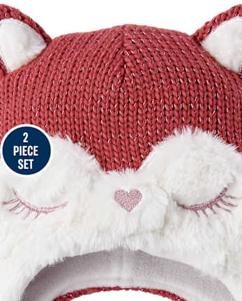 Conjunto de gorro y manoplas de zorro para niñas pequeñas
