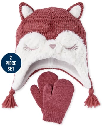 Conjunto de gorro y manoplas de zorro para niñas pequeñas