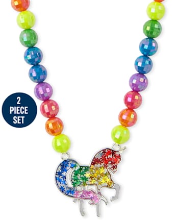 Conjunto de pulsera y collar con cuentas de unicornio arcoíris para niñas