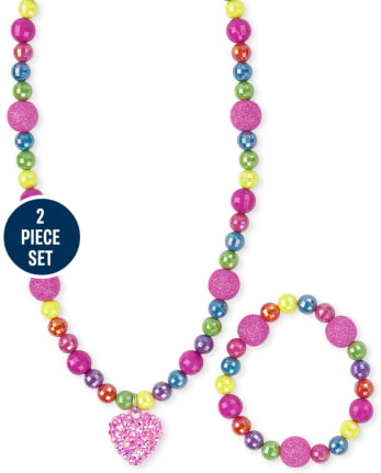 Girls Rainbow Heart Beaded Necklace And Bracelet Set