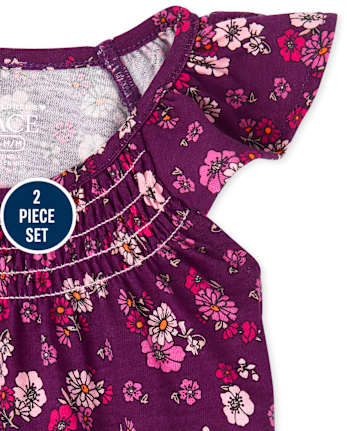 Ensemble 2 pièces en chambray fleuri pour toute-petite fille