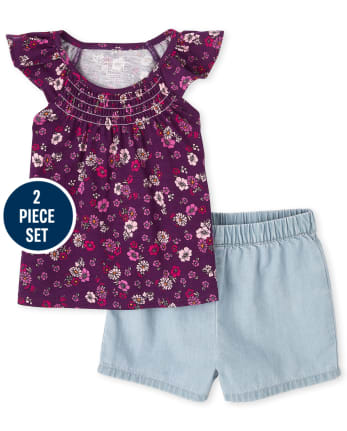 Conjunto de 2 piezas de cambray floral para niñas pequeñas