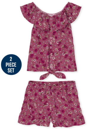 Ensemble 2 pièces à volants et fleurs pour fille