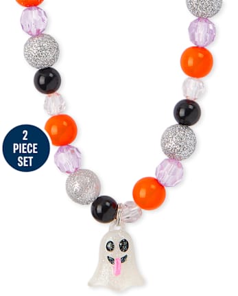 Girls Halloween Ghost Beaded Necklace And Bracelet Set