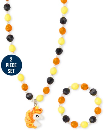 Girls Halloween Unicorn Beaded Necklace And Bracelet Set