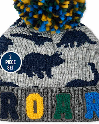 Conjunto de gorro y manoplas Dino Pom Pom para niños pequeños