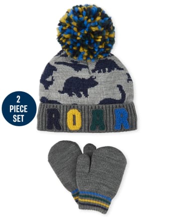 Toddler Boys Dino Pom Pom Hat And Mittens Set