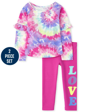 2-piece Kid Girl Letter Print Tie Dye Long-sleeve Top and Colorblock Pants Set