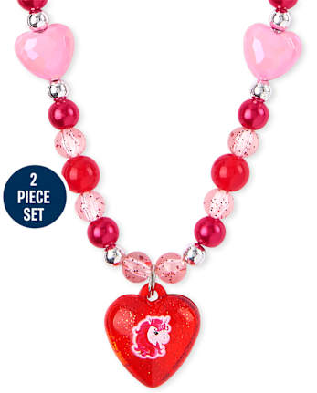 Girls Heart Beaded Necklace And Bracelet Set