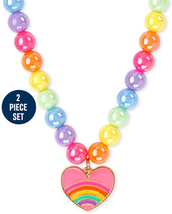 Girls Rainbow Heart Beaded Necklace And Bracelet Set