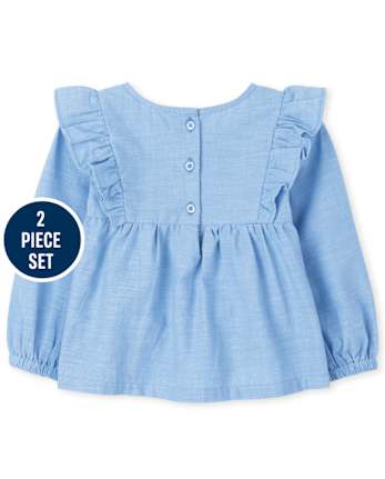 Toddler Girls Floral Ruffle Chambray 2-Piece Set