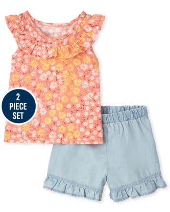 Conjunto de 2 piezas de cambray con volantes florales para niñas pequeñas