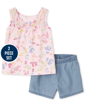 Conjunto de 2 piezas de camiseta sin mangas con fruncido floral para niñas pequeñas