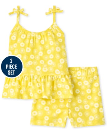 Conjunto de 2 piezas de camiseta sin mangas con hombros anudados y flores para niñas pequeñas