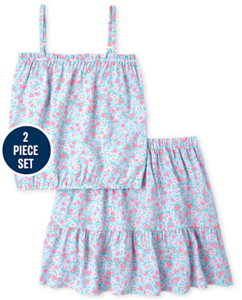 Girls Floral Smocked Tank Top And Skirt 2-Piece Set