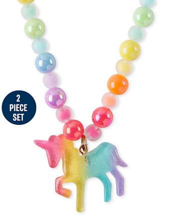 Conjunto de collar y pulsera con cuentas de unicornio arcoíris para niñas