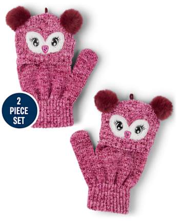 Ensemble bonnet et mitaines hibou pour fille